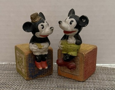 1930s Mickey & Minnie Mouse Bisque Figures Sitting On Wooden Blocks - Very Rare