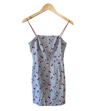 Urban Outfitters Linen Blend Cherry Print Spagetti Mini Dress Size 2 Blue Red