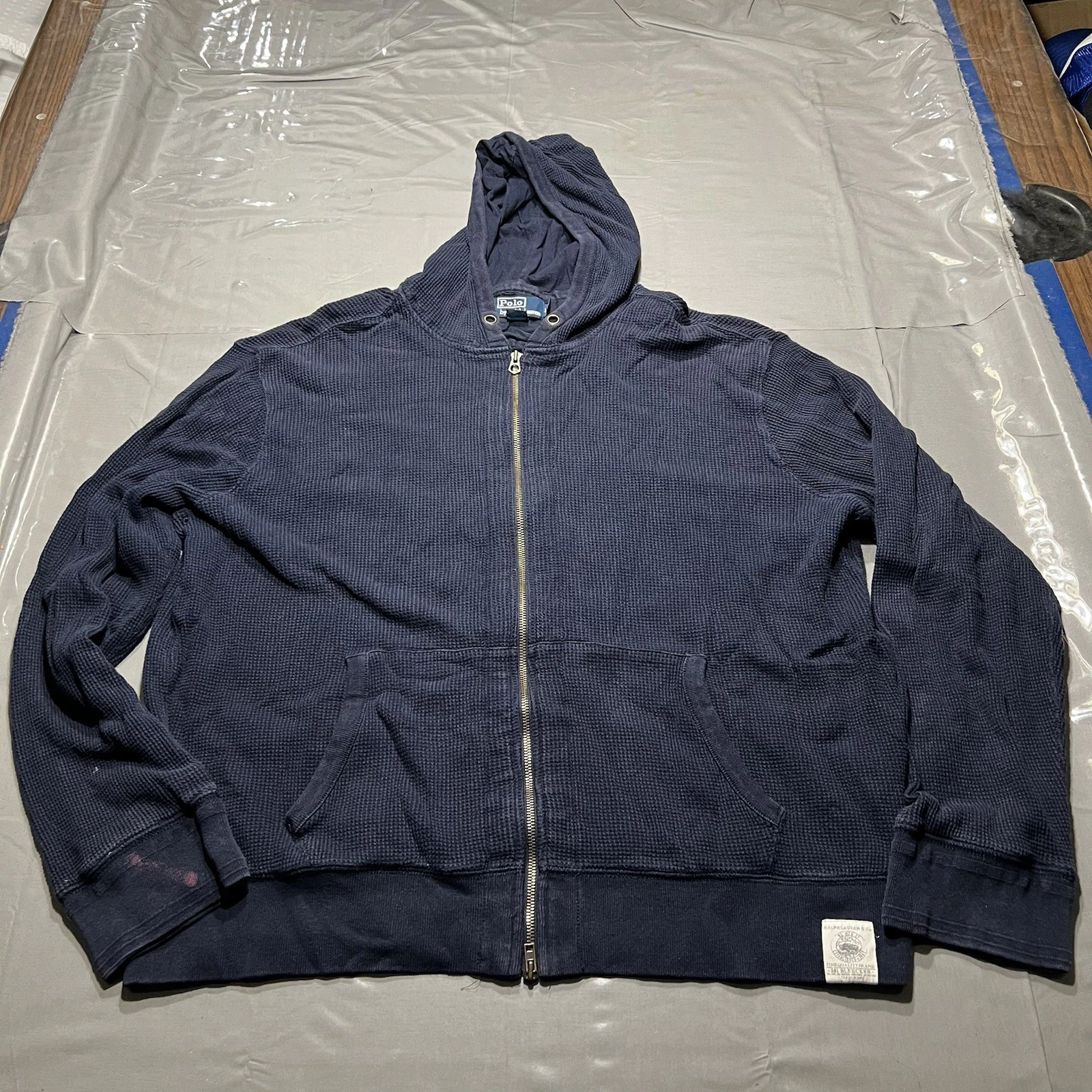 VTG Polo Ralph Lauren Hoodie Sweatshirt Mens 2XL Blue Full Zip Waffle Knit