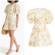 ZIMMERMANN Floral Dress, Size 0 US 2 AU 6, Cream Linen Keira Puff Sleeve Print