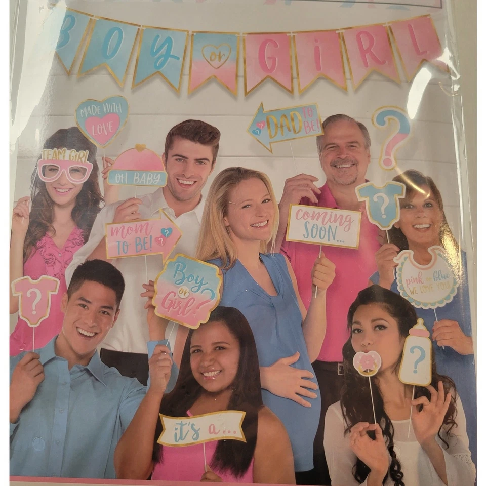 Conjunto de accesorios para fotos de escena selfie revelación de género de bebé - 21 piezas con pancarta Foto 3 de 4
