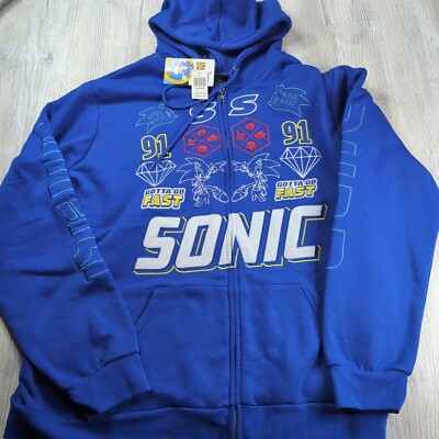 Sonic The Hedgehog Hoodie Full Zip Blue All Images Embroidered NWT!