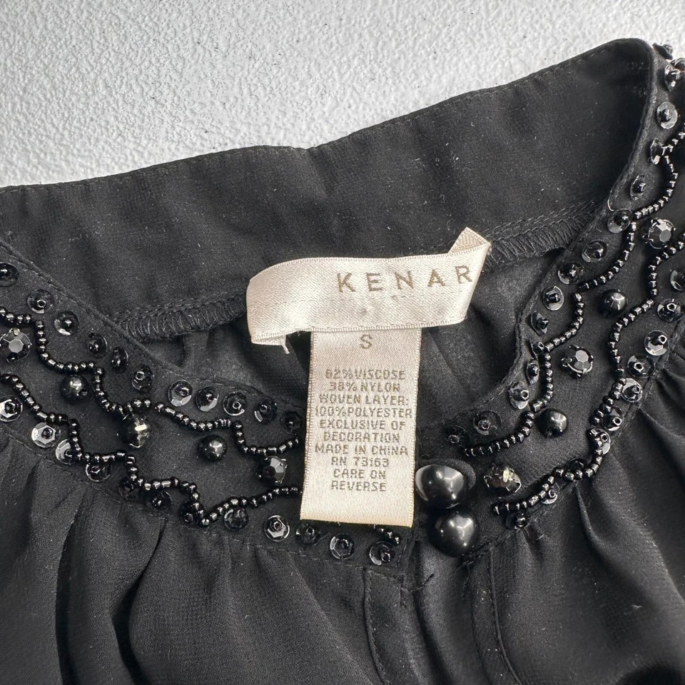 Kenar Beaded Collar Neck Black Short Sleeve Top S Elegant Style Smocked Stretch - Image 2 of 4