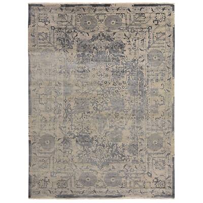9'1''x12' Tan Color Erased Zoroastrian Design Wool & Silk Hand Knotted Rug G78288