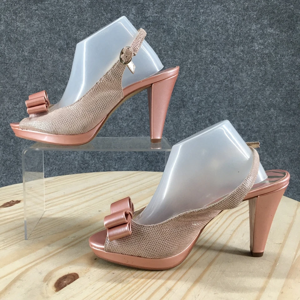 Anne Klein Sandals Womens 6 M Europa Slingback Pink Leather Peep Toe Cone Heels - Image 2 of 4