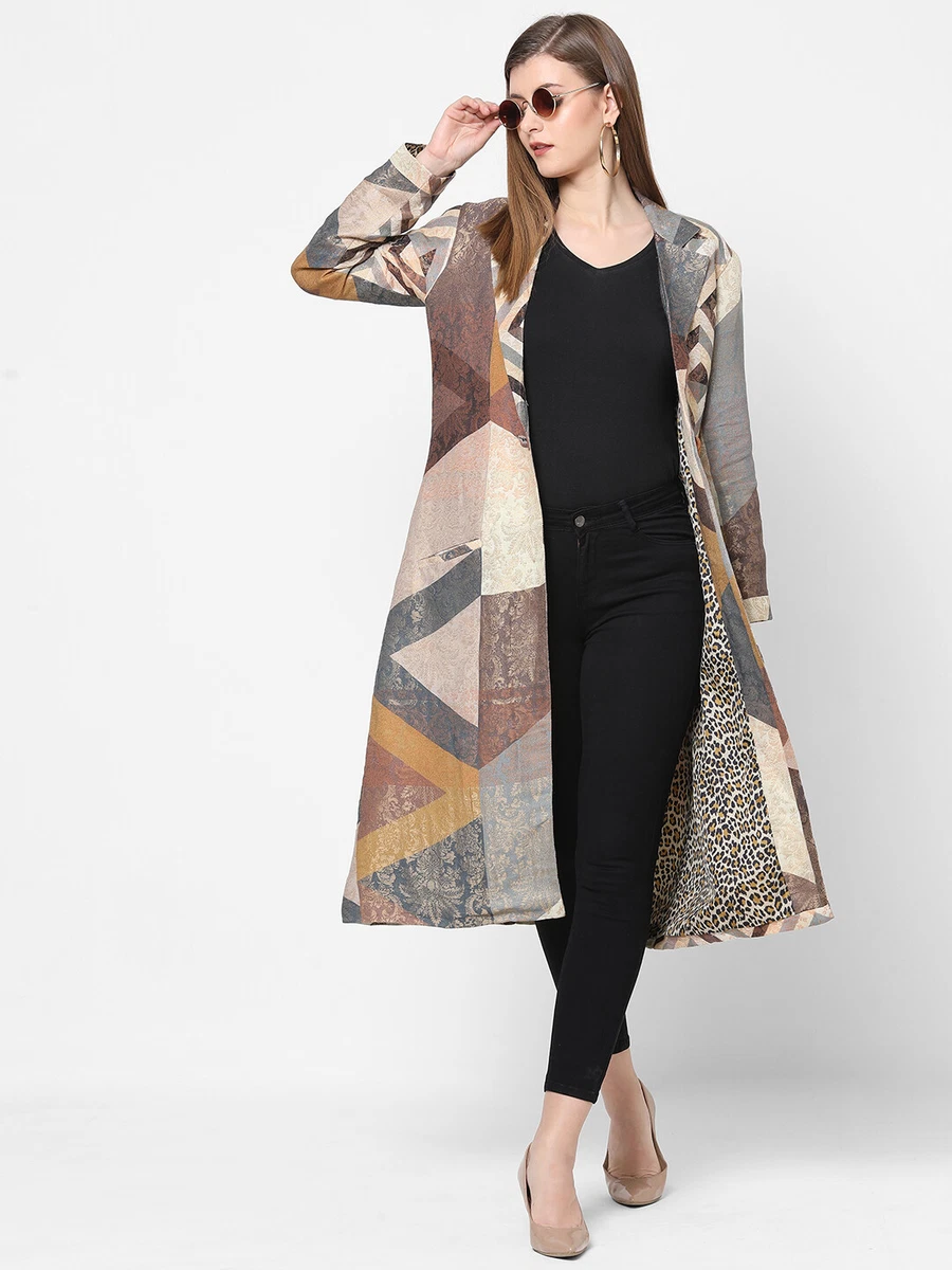 Geometric Printed Brocade Long Jacket For Women