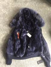 Peri Luxe Fur-trim Hooded Bomber Jacket, Women's Size Xs, Blue, New With Tags