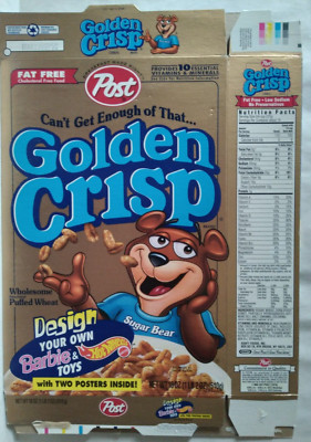 Post Golden Crisp Cereal Box Design Your Own Barbie & Hot Wheels Toys 18 Oz 1997