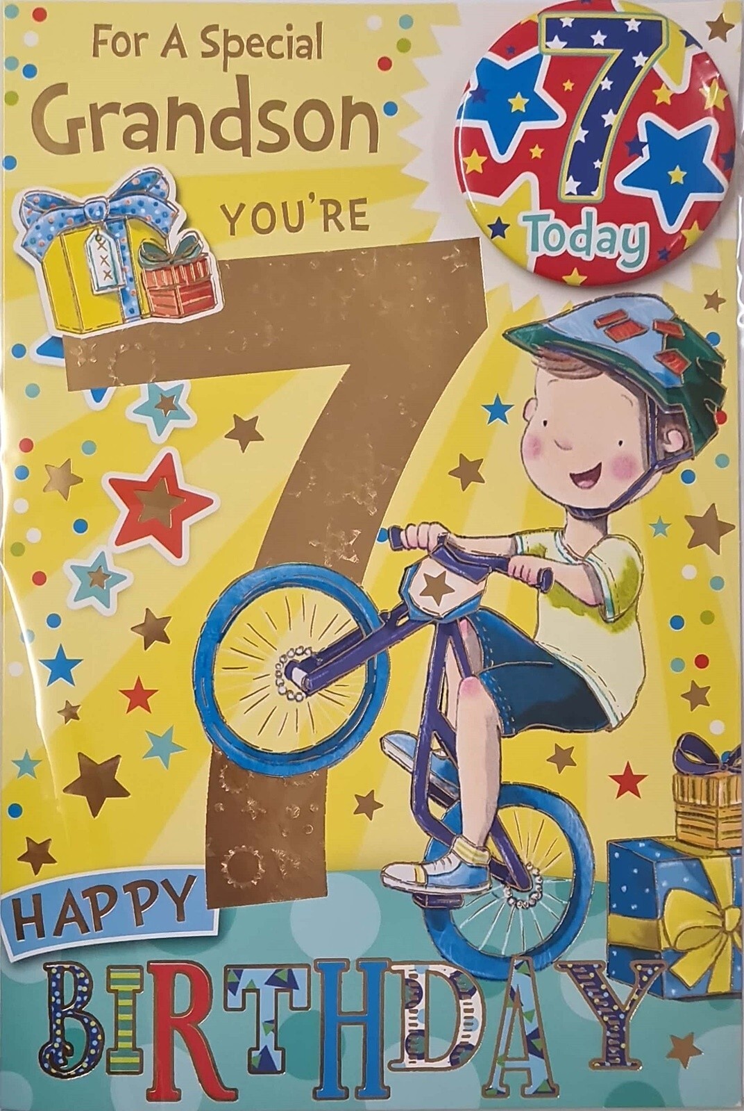 Happy 7th Birthday Card Special Grandson You're 7 Today Boy on Bike Bicycle