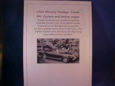 1968 Mercury COMET dealer cost/retail window sticker price--car+options 68