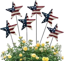 Metal Barn Stars Garden Stake Set of 6, American Flag Yard Sign USA Lawn Decorat
