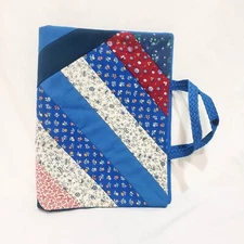 Quilted Book Cover with Handle Blue Red Fabric Handmade 9.5"  x 7.5"