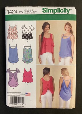 Simplicity Pattern 1424 Flowy Summer Pullover Tops w/ Back Options Sizes 4-12 UC