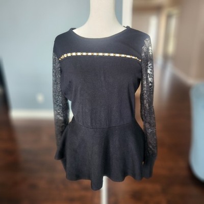 Y2K Thalia Sodi Peplum Top Vintage Goth Dark Fairy Lace Black Size S Metal Beads