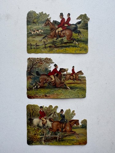 Antique Set of 3 Horses w/ Riders Fox Hunt Chase Vintage Die Cuts 3 x 2