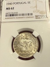 Portugal 5 Escudos 1940 Caravela Silver Coin NGC MS62 UNC High Grade KM# 581