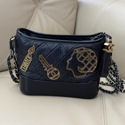 Authentic CHANEL Gabrielle Small Hobo Navy Aged Calfskin Graffiti Patch Bag