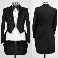 Men Black Beaded Tuxedo Suit Jacket with Crystals Peak Lapel Trailing Tail