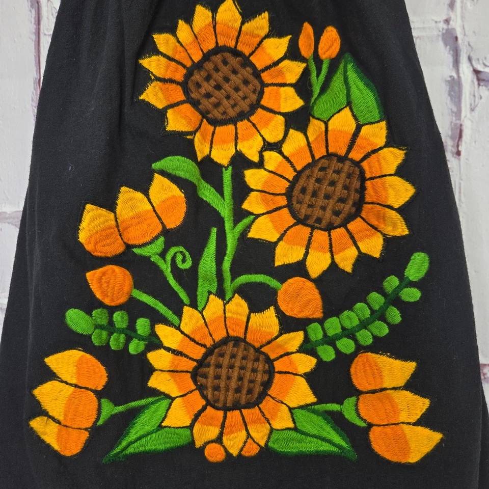 Embroidered Black Sunflower Halter Top Smocked Waist Beach Festival Boho Sz XXS - Image 2 of 4