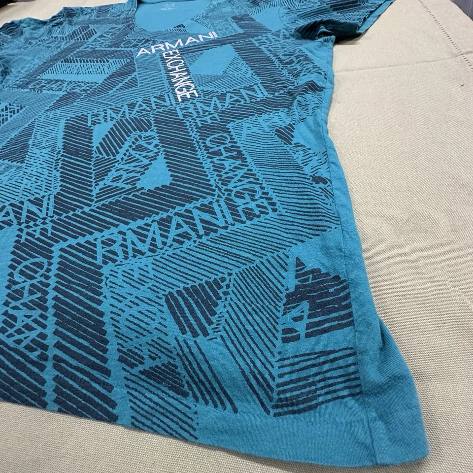 Armani Exchange Men’s AOP Logo T-shirt Blue Black XXL 2XL Large V Cotton V Neck - Image 3 of 4
