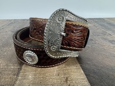 VTG Leather Women's Western Tooled Belt 38" w/Silver Accent Toned- vtg condition