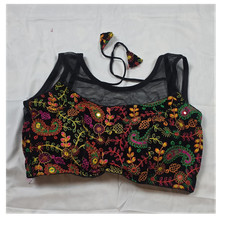 Black and Multicolor Floral Embroidered Choli for Women, Mesh Blouse