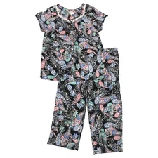 Aria Womens Black Floral Paisley Pajamas Top & Capris Sleep Set