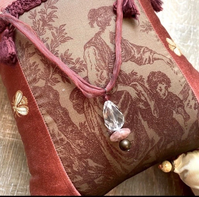 Boudoir Pillow Silk Velvet Handmade Beaded Toile Chateau Victorian Cottage 11x9 - Image 3 of 4