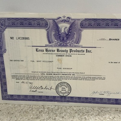 Lena Horne Beauty Products Inc. Stock Certificates 1962 Purple 100 & 750 Shares