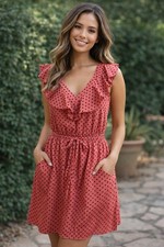 Polka Dot Coral Mini Dress Sz M Coquette Ruffle Collar Pockets Slimming Romantic