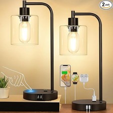 Set of 2 Industrial Bedside Lamps USB USB-C AC Outlet Open Box