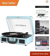 Vintage-Inspired Bluetooth Portable Vinyl Player with Headphone Jack - Turquoise