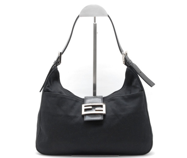 Fendi Mamma Baguette Nylon Leather FF Buckle Shoulder Bag Black Vintage