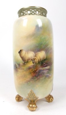 STUNNING ROYAL WORCESTER VASE HAND PAINTED WITH SHEEP BY ERNEST BARKER c.1914