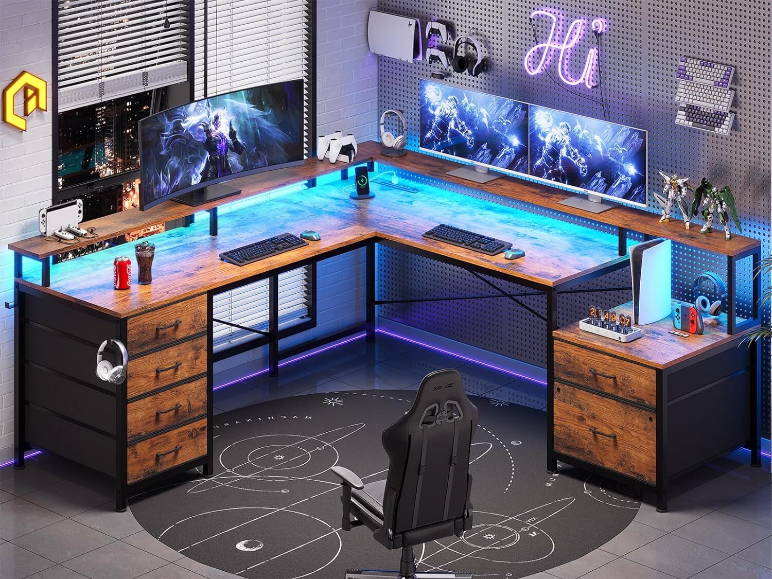 L Shaped Desk with Led Lights&Monitor Shelf, 108" Home Office Desk with 6 Drawer