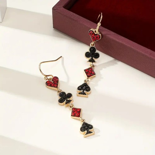 Heart & Spade, Playing Card Suit Harley Quinn Dangle Rhinestone Earrings - Picture 2 of 6
