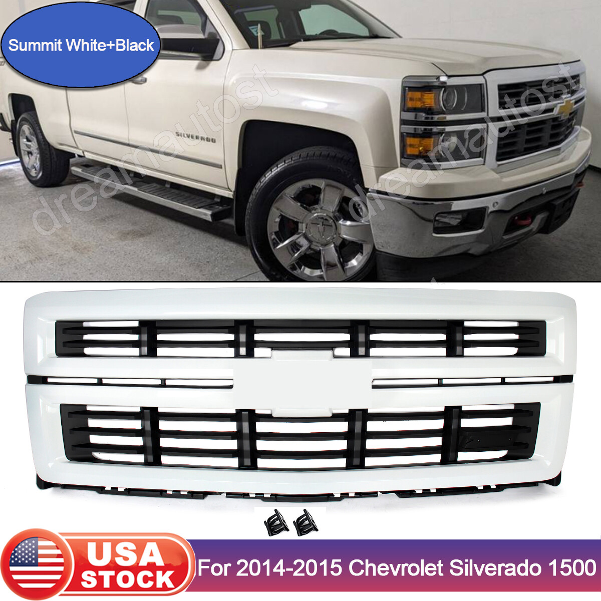 Front Upper Grille For 2014-2015 Chevy Silverado 1500 – Summit White & Matte Black, Honeycomb