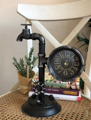 Top Hit Tischuhr TAP Wasserhahn Metall Schwarz Shabby Chic H30cm NEU