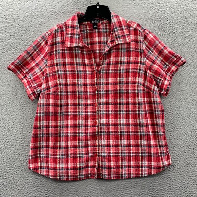ERIKA Shirt Womens 1X Button Up Blouse Top Plaid Short Sleeve Red White |  eBay