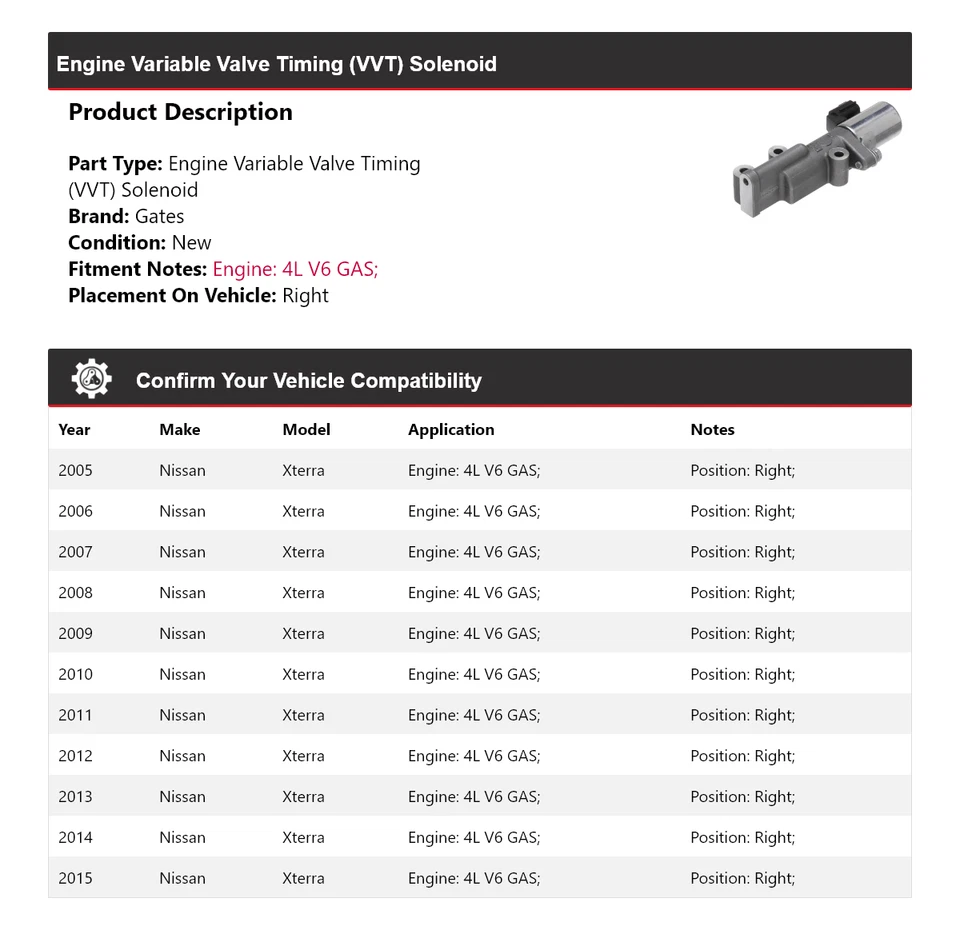 Para Nissan Xterra 2005-2015 4L V6 motor de gas VVT solenoide puertas derechas 2006 2007 Foto 2 de 4
