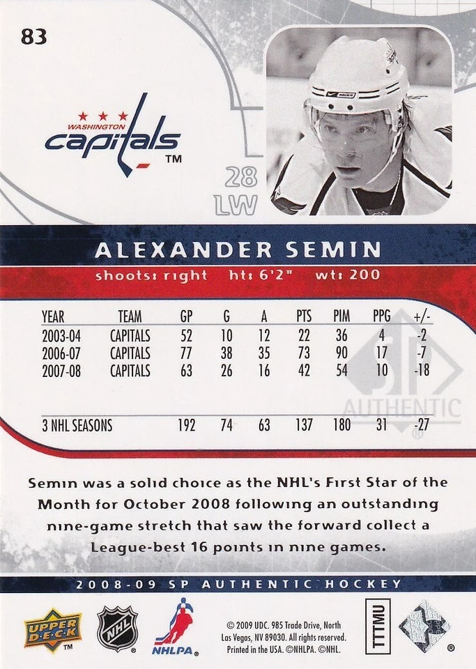 2008-09 SP Authentic Hockey Alexander Semin No. 83 Washington Capitals - Image 2 of 2
