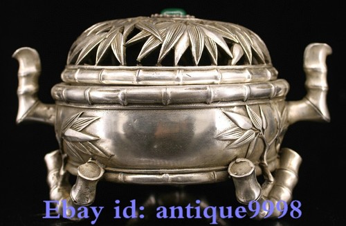 6.2" Old Daqing Dynasty Pure Bronze silver bamboo leaves Incense Burner Censer - Picture 4 of 9