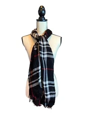 Womens Rectangel Plaid  Scarf Wrap Black White Fringe 70 inch Length