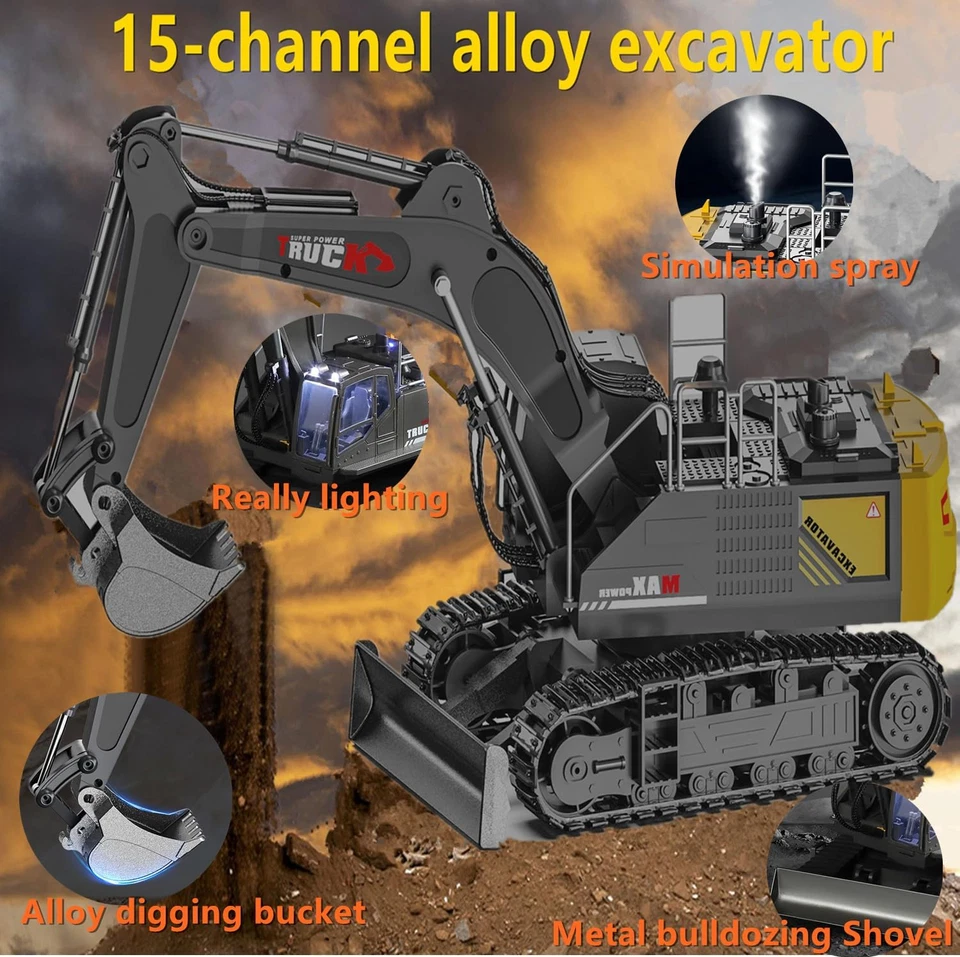 15 Channel RC Excavator Metal Shovel,Rc Digger Construction Toys，Metal Dozer Tra - Image 3 of 4
