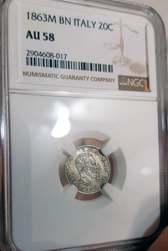 *** NGC *** ITALY *** SILVER 20 CENTESIMI *** 1863 *** AU58 undergaded ~UNC **n6