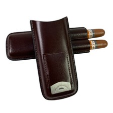 Portable Durable Leather Case Holder 2 Tube Travel Black Cigar Humidor Scissors