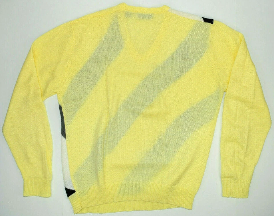 Suéter Vintage Aureus L/XL Años 80 Diagonal Bloque Rayas Cuello en V Amarillo Negro Gris Foto 3 de 4