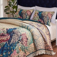 Barefoot Bungalow Eden Peacock Quilt Set, King/California King 3 Piece , Ecru