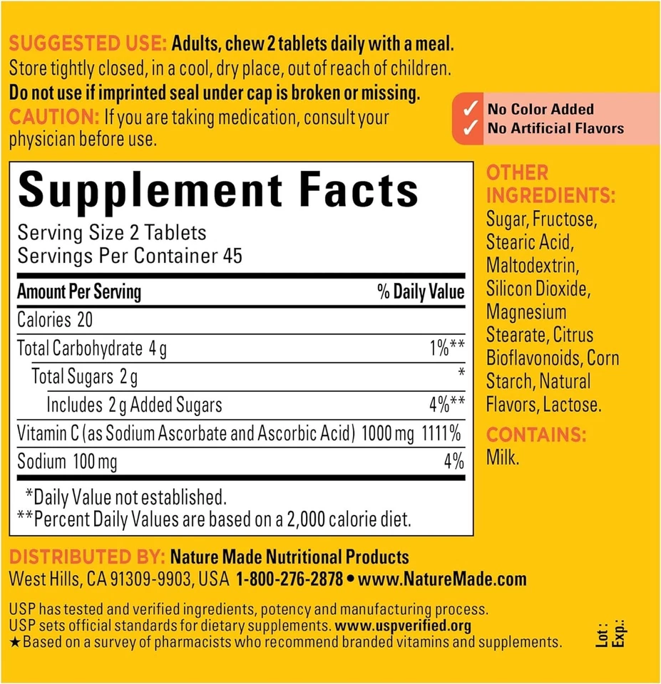 Nature Made Extra Strength Dosage Chewable Vitamin C 1000 mg per serving, Dietar - Imagem 2 de 2