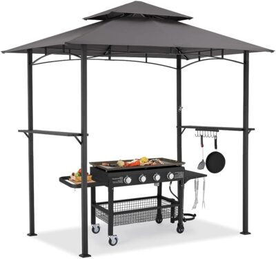 Grillpavillon 2,4x1,5m Mit Doppeldach – Schwarz, Wetterfest, Mit 2 Seitenregalen & Metallkorb, Für Garten & Grillpartys